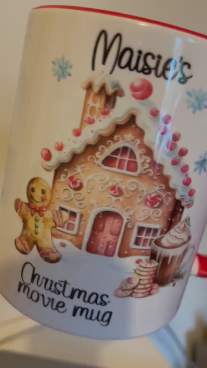 Christmas Movie Mug, Personalised Mug For Christmas, Gingerbread House And Ginger Bread Man Christmas Movie Mug, Hot Chocolate Mug