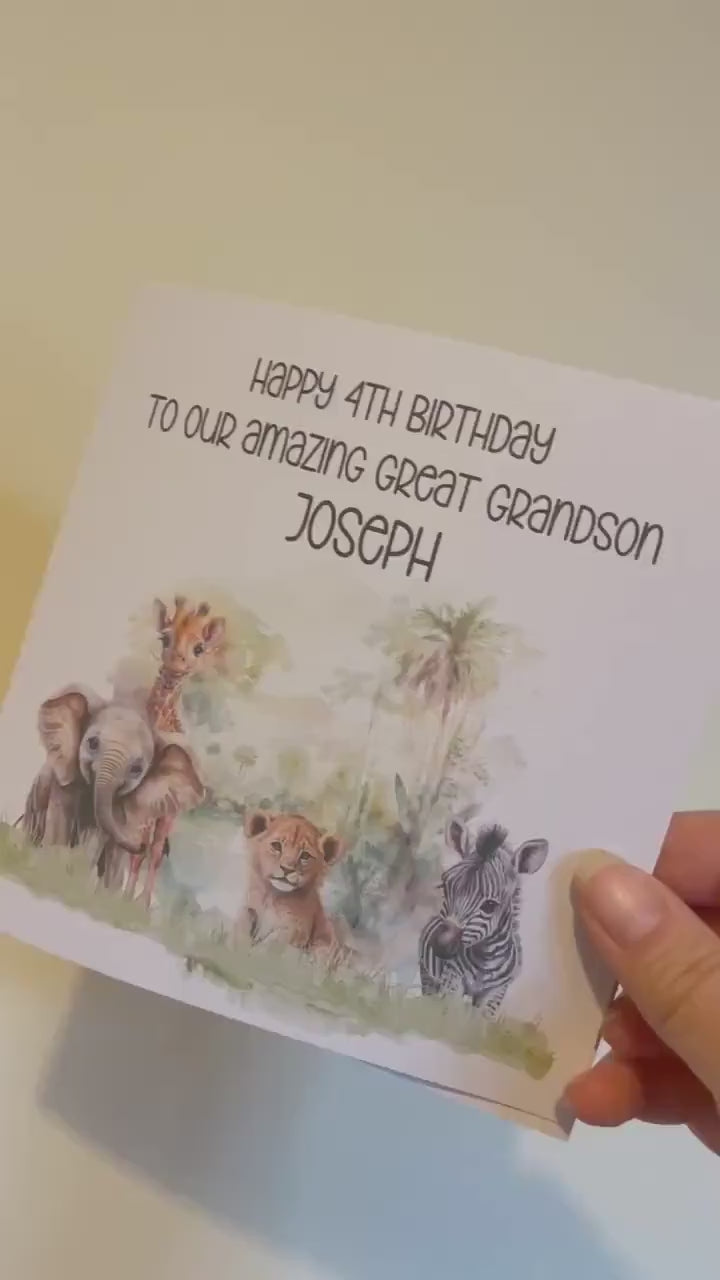 Personalised Great Grandson Birthday Card, Safari Theme Birthday Card, Any Age, 1st, 2nd, 3rd, 4th, 5th, 6th Great Grandson Birthday Card