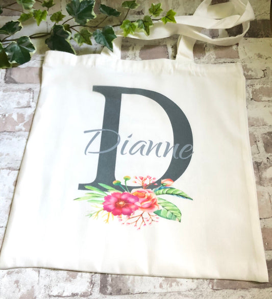 Personalised Tote Bag, Floral Initial Tote Bag, Personalised Shopping Bag