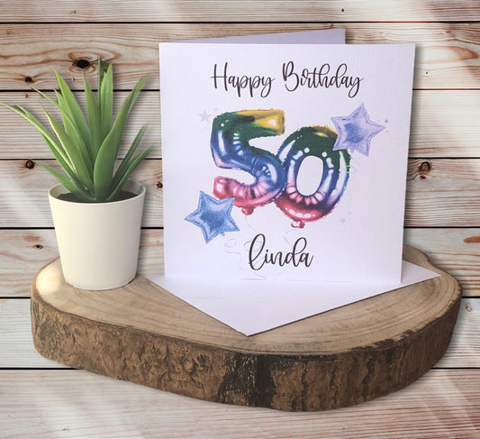 50th Birthday Card, Balloon Personalised Birthday Card, 1,2,3,13,18,21, 60 Birthday Card, Special Birthday Card, Any Age