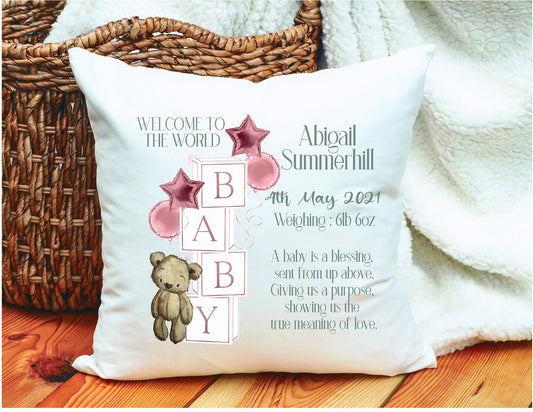 Personalised New Baby Teddy Cushion Gift, New Baby Personalised Gift, New Baby Teddy Block Cushion Gift