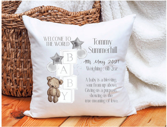 New Baby Personalised Gift, New Baby Teddy Block Cushion Gift