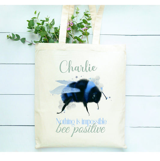 Bee Positive Tote Bag, Bee Design Tote Bag, Personalised Tote Bag Gift, Personalised Shopping Bag, Motivational Gift, Nothing Is Impossible
