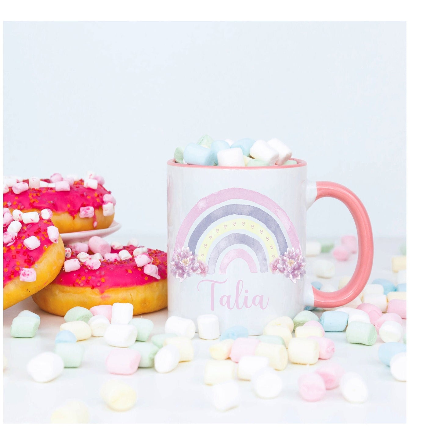 Rainbow Mug, Personalised Rainbow And Flower Design Mug , Mug And Coaster Set