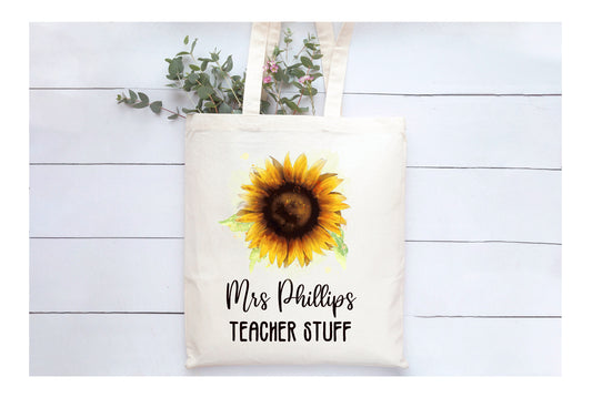 Personalised Teacher Tote Bag Gift, Personalised Teacher Sunflower Design Tote Bag, Personalised Tote Bag Gift
