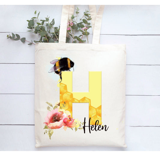 Bee Initial Tote Bag, Bee Design Tote Bag, Personalised Tote Bag Gift, Personalised Shopping Bag