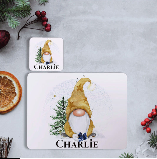 Gonk Christmas Placemat and Coaster Set, Personalised Christmas Gnome Placemat, Christmas Gnome Placemat And Coaster