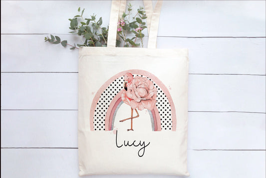 Flamingo Tote Bag, Personalised Flamingo Rainbow Design Tote Bag, Personalised Tote Bag Gift, Personalised Shopping Bag, Secret Santa Gift