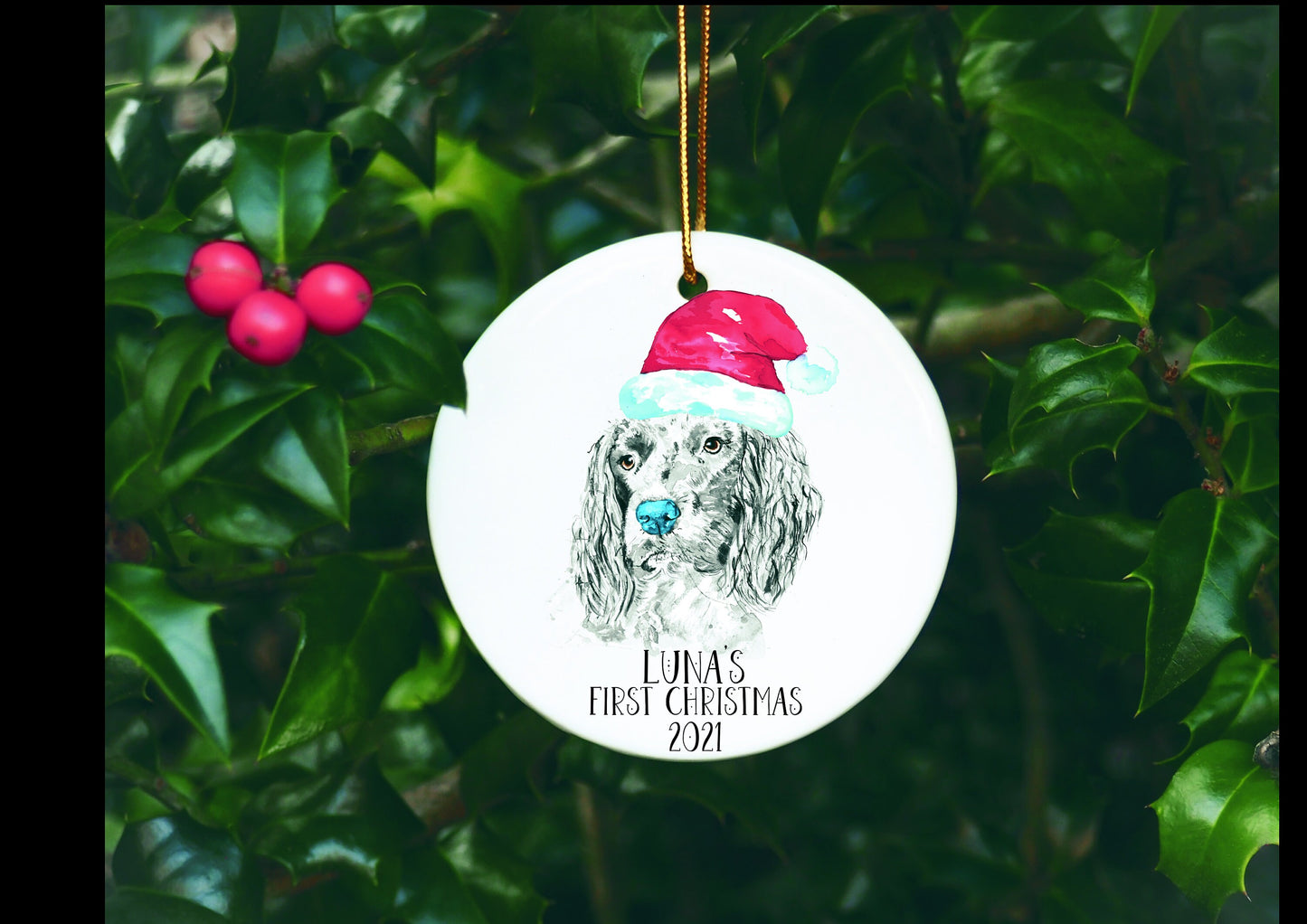 Dog First Christmas Bauble, Santa Paws Christmas Tree Decoration, Pet Christmas Bauble, Personalised Dog Ornament, Springer Spaniel Bauble