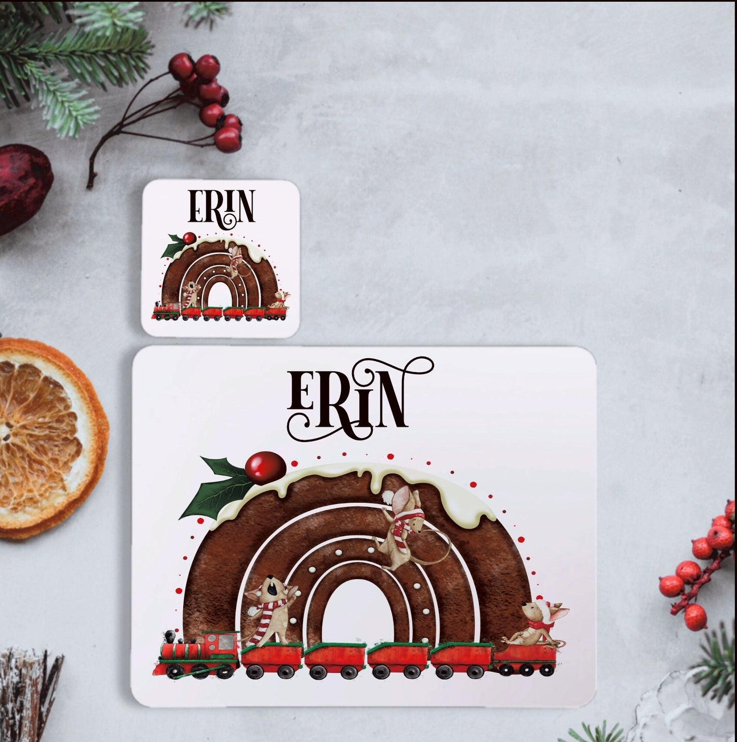 Personalised Christmas Pudding Placemat and Coaster Set, Pudding Rainbow Personalised Christmas Placemat, Christmas Placemat And Coaster