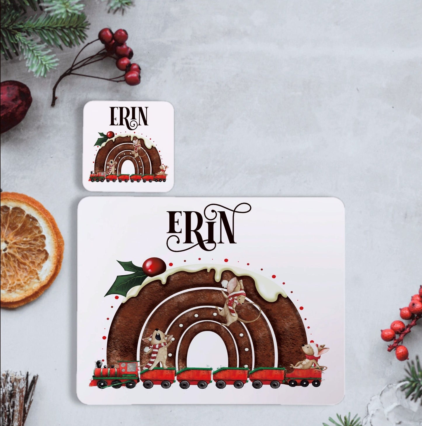 Personalised Christmas Pudding Placemat and Coaster Set, Pudding Rainbow Personalised Christmas Placemat, Christmas Placemat And Coaster