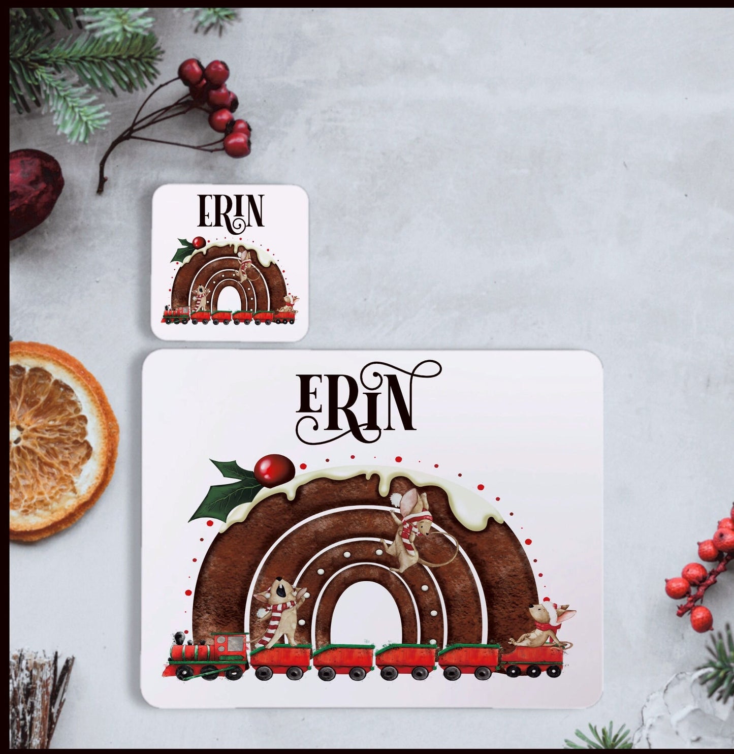 Personalised Christmas Pudding Placemat and Coaster Set, Pudding Rainbow Personalised Christmas Placemat, Christmas Placemat And Coaster