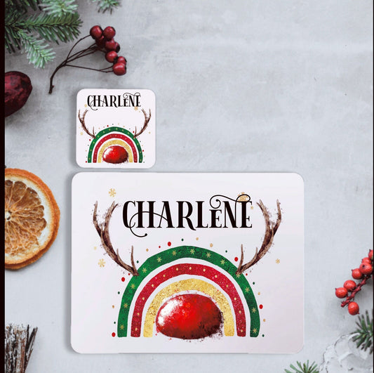 Reindeer Christmas Placemat and Coaster Set, Reindeer Rainbow Personalised Christmas Placemat, Christmas Placemat And Coaster