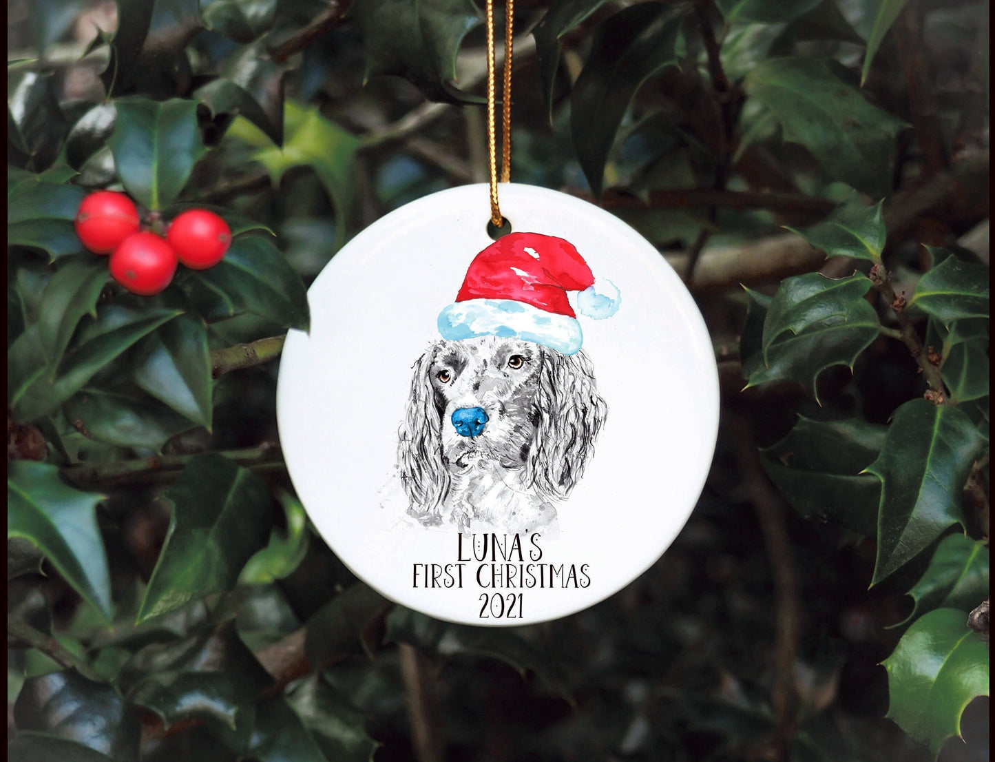 Dog First Christmas Bauble, Santa Paws Christmas Tree Decoration, Pet Christmas Bauble, Personalised Dog Ornament, Springer Spaniel Bauble