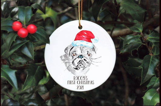 Dog First Christmas Bauble, Santa Paws Christmas Tree Decoration, Pet Christmas Bauble, Personalised Dog Ornament, Pug Bauble