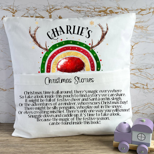 Personalised Christmas Book Cushion, Kids Book Cushion, Book Cushion, Reindeer Book Cushion, Book Cushion For A Boy, Reading Story Pillow