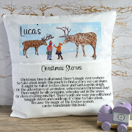 Personalised Christmas Book Cushion, Kids Book Cushion, Kids Xmas Book Cushion, Teddy Book Cushion, Reading Story Pillow, Reindeer Pillow