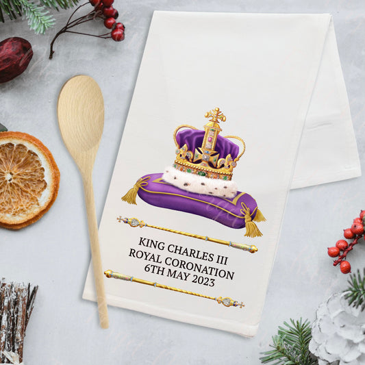 King Charles III Coronation  Day Tea Towel Souvenir, King Charles III Coronation Tea Towel Keepsake, Crown Tea Towel