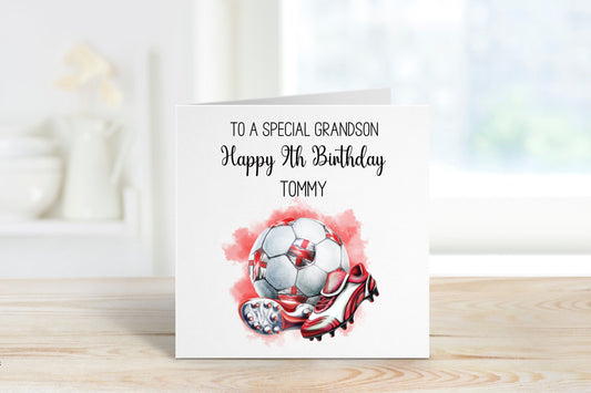 Personalised Grandson Birthday Card, Any Age Birthday Card For Son, 1,2,3,4,5,6,7,8,9,10, England Football Birthday Card