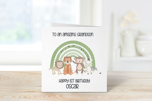 Personalised Grandson Birthday Card, Jungle Theme Birthday Card, Any Age, 1st, 2nd, 3rd, 4th, 5th, 6th Birthday Card