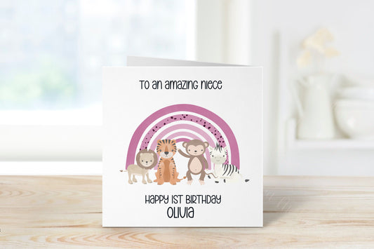 Personalised Niece Birthday Card, Jungle Theme Birthday Card, Any Age, 1st, 2nd, 3rd, 4th, 5th, 6th Birthday Card