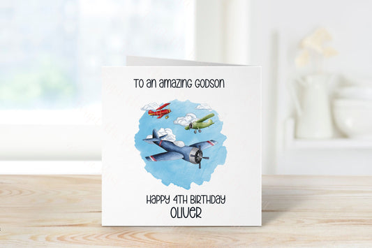 Personalised Godson Birthday Card, Plane Theme Birthday Card, Any Age, 1st, 2nd, 3rd, 4th, 5th, 6th, 7th, 8th, 9th, 10th Birthday Card