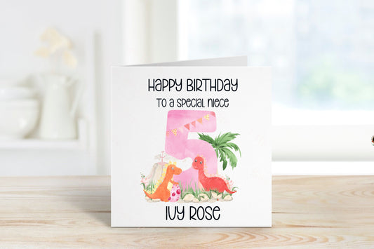 Personalised Niece Birthday Card, Dino Theme Birthday Card, Any Age, 1st, 2nd, 3rd, 4th, 5th, 6th Birthday Card For Niece