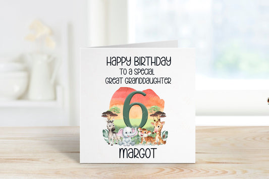 Personalised Great Granddaughter Birthday Card, Safari Theme Birthday Card, Any Age, 1st, 2nd, 3rd, 4th, 5th, 6th Birthday Card