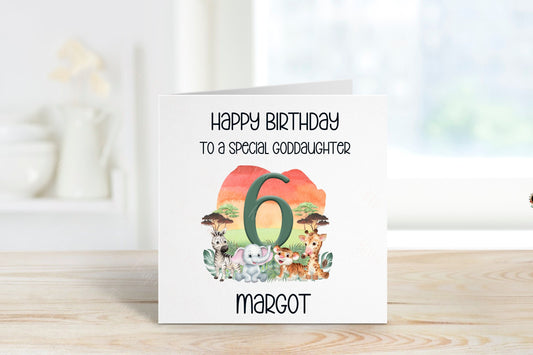 Personalised Goddaughter Birthday Card, Safari Theme Birthday Card, Any Age, 1st, 2nd, 3rd, 4th, 5th, 6th Goddaughter Birthday Card