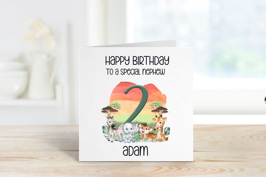 Personalised  Nephew Birthday Card, Safari Theme Birthday Card, Any Age, 1st, 2nd, 3rd, 4th, 5th, 6th Nephew Birthday Card