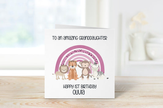 Personalised Granddaughter Birthday Card, Jungle Theme Birthday Card, Any Age, 1st, 2nd, 3rd, 4th, 5th, 6th Birthday Card