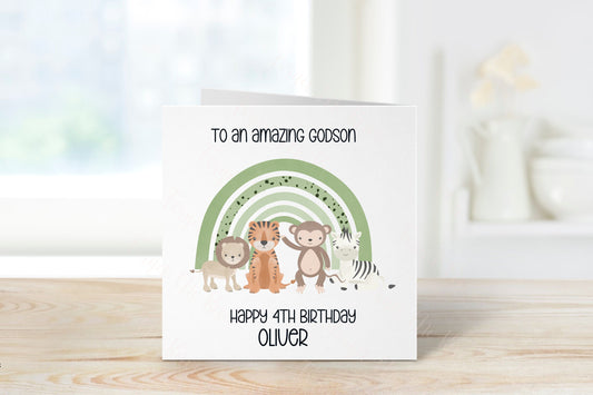 Personalised Godson Birthday Card, Jungle Theme Birthday Card, Any Age, 1st, 2nd, 3rd, 4th, 5th, 6th Birthday Card