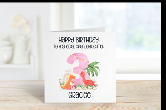 Personalised Granddaughter Birthday Card, Dino Theme Birthday Card, Any Age, 1st, 2nd, 3rd, 4th, 5th, 6th Birthday Card