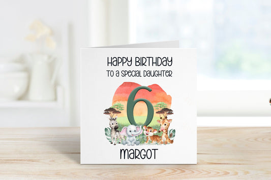 Personalised Daughter Birthday Card, Safari Theme Birthday Card, Any Age, 1st, 2nd, 3rd, 4th, 5th, 6th Birthday Card