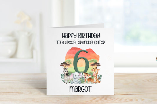 Personalised Granddaughter Birthday Card, Safari Theme Birthday Card, Any Age, 1st, 2nd, 3rd, 4th, 5th, 6th Granddaughter Birthday Card