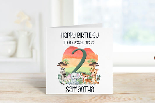 Personalised Niece Birthday Card, Safari Theme Birthday Card, Any Age, 1st, 2nd, 3rd, 4th, 5th, 6th Niece Birthday Card