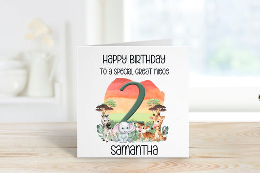 Personalised Great Niece Birthday Card, Safari Theme Birthday Card, Any Age, 1st, 2nd, 3rd, 4th, 5th, 6th Great Niece Birthday Card
