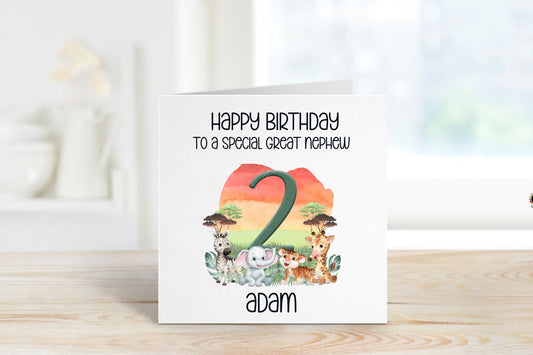Personalised Great Nephew Birthday Card, Safari Theme Birthday Card, Any Age, 1st, 2nd, 3rd, 4th, 5th, 6th Great Nephew Birthday Card