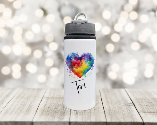Personalised Rainbow Heart Water Bottle, Pride Rainbow Water Bottle, LGBTQ Pride Rainbow Drinks Bottle