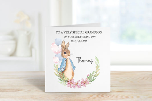 Grandson Christening Card, Personalised Christening Card, Christening Card For Boy, Christening Card For Grandson, Bunny Rabbit Card