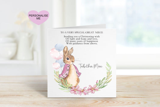Great Niece Christening Card, Christening Card For Great Granddaughter, Personalised Bunny Rabbit Christening Card