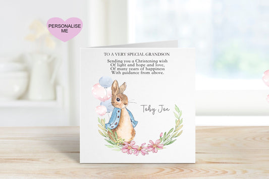 Grandson Christening Card, Christening Card For  Grandson, Personalised Bunny Rabbit Christening Card