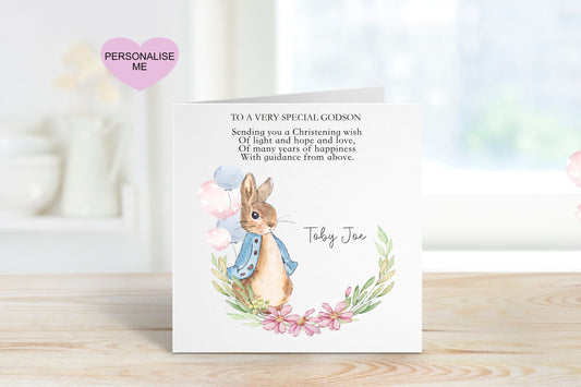 Godson Christening Card, Christening Card For Godson, Personalised Bunny Rabbit Christening Card