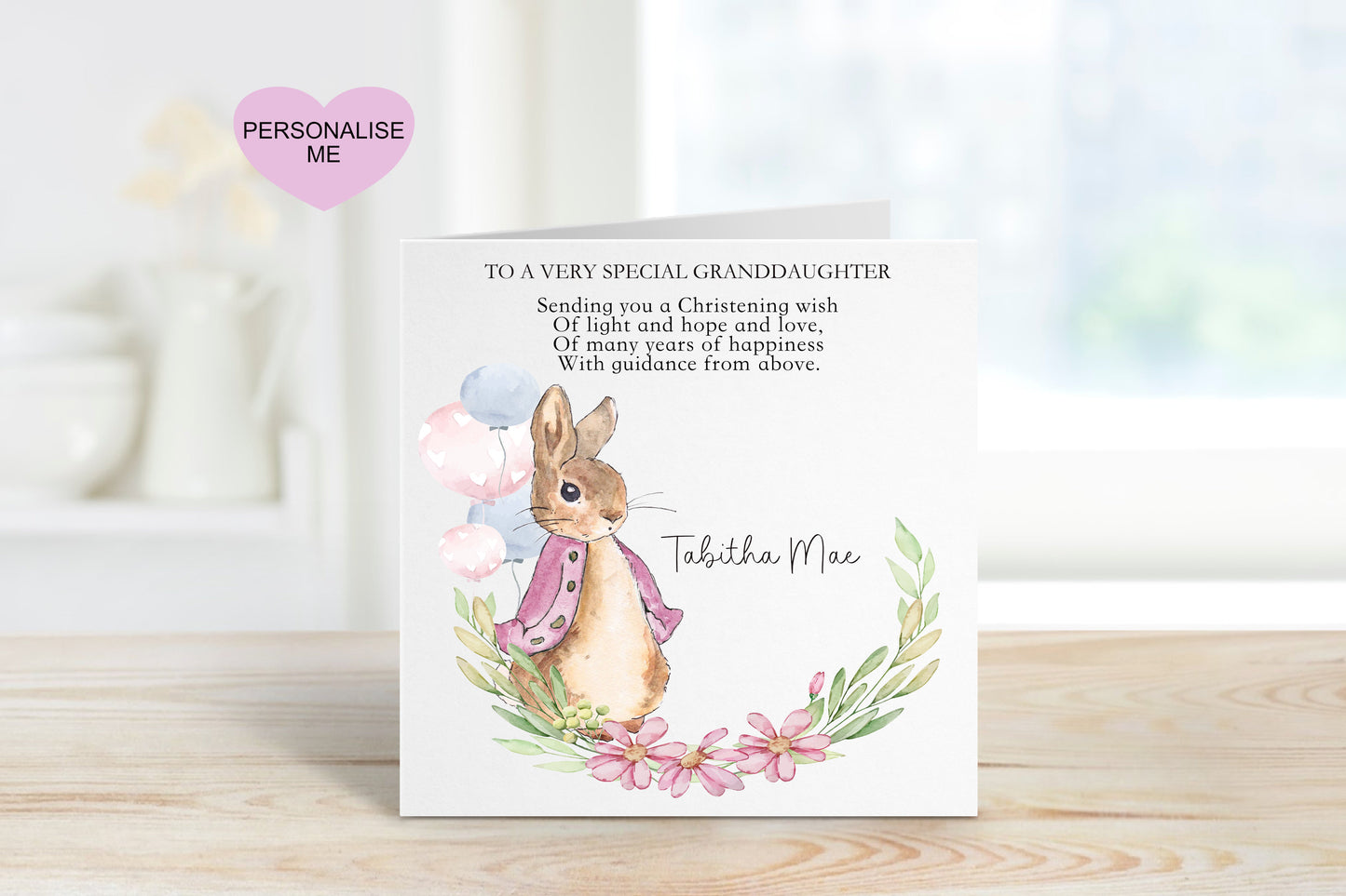 Great Granddaughter Christening Card, Christening Card For Great Granddaughter, Personalised Bunny Rabbit Christening Card