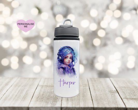 Personalised Water Bottle, Galaxy Gamer Girl Water Bottle, Drinks Bottle, Drinks Bottle For Gamer Girl