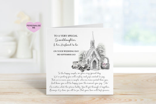 Granddaughter & Husband To Be Wedding Card, Personalised Wedding Card For Granddaughter, Church Design Wedding Day Card