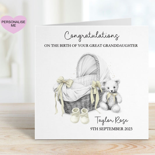 New Baby Great Granddaughter Card, Welcome To The World, Baby Girl Card, Congratulations New Baby Card